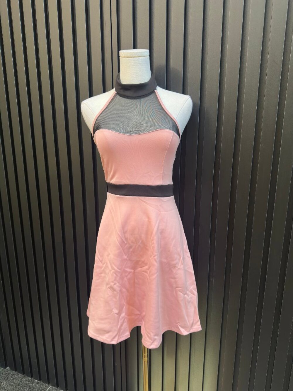 Pink Black Mesh Illusion Halter Neck Sweetheart Fit Flare Mini Dress